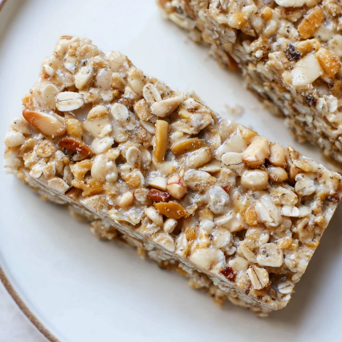 Thick No Bake Apple Peanut Butter Granola Bars pressed firm with visible apple chunks, rolled oats, and a glossy peanut butter coating