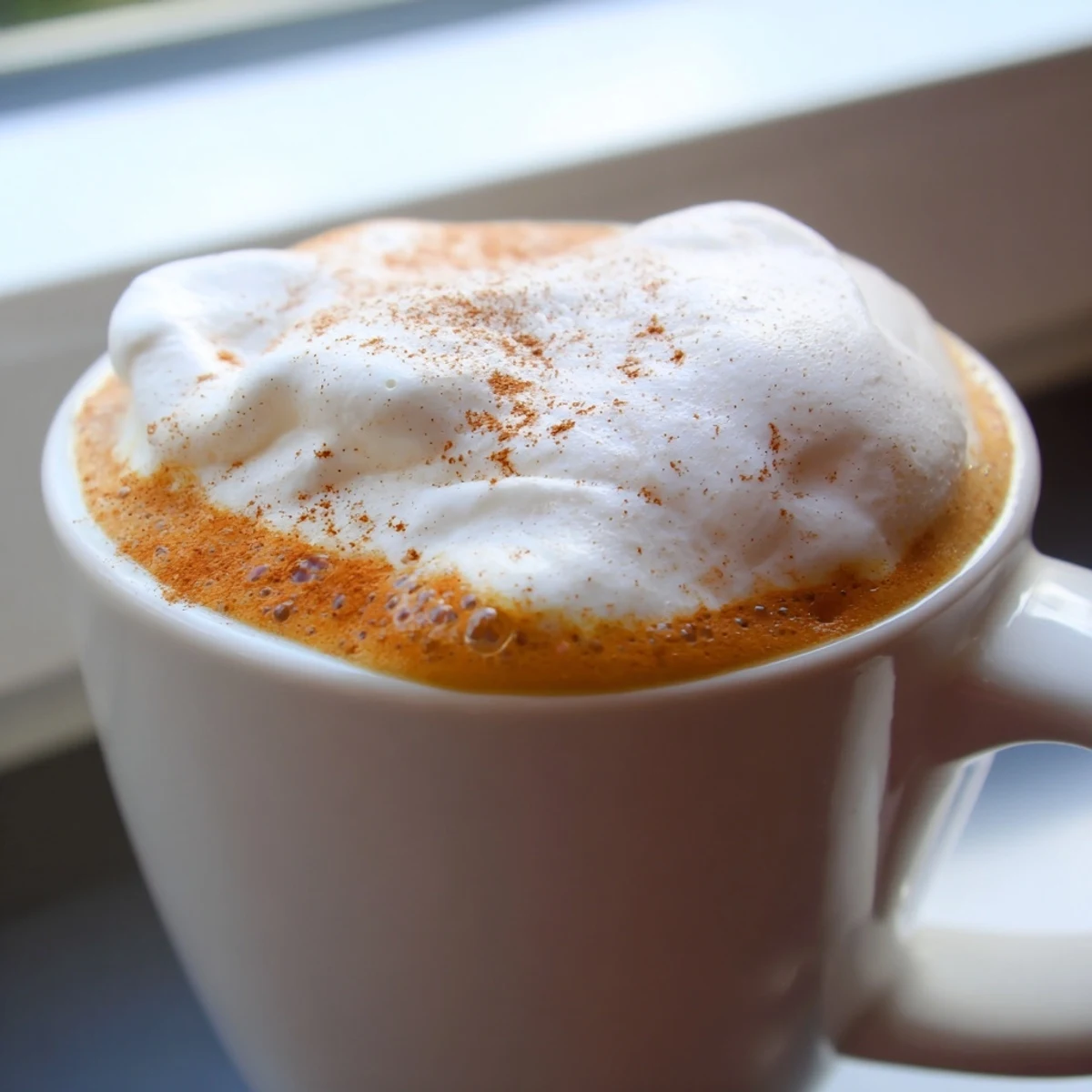 Homemade pumpkin spice latte topped with whipped cream and dusted cinnamon in a cozy mug