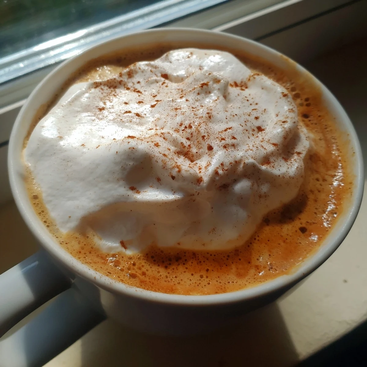 Steaming homemade pumpkin spice latte with creamy foam served in two rustic ceramic mugs