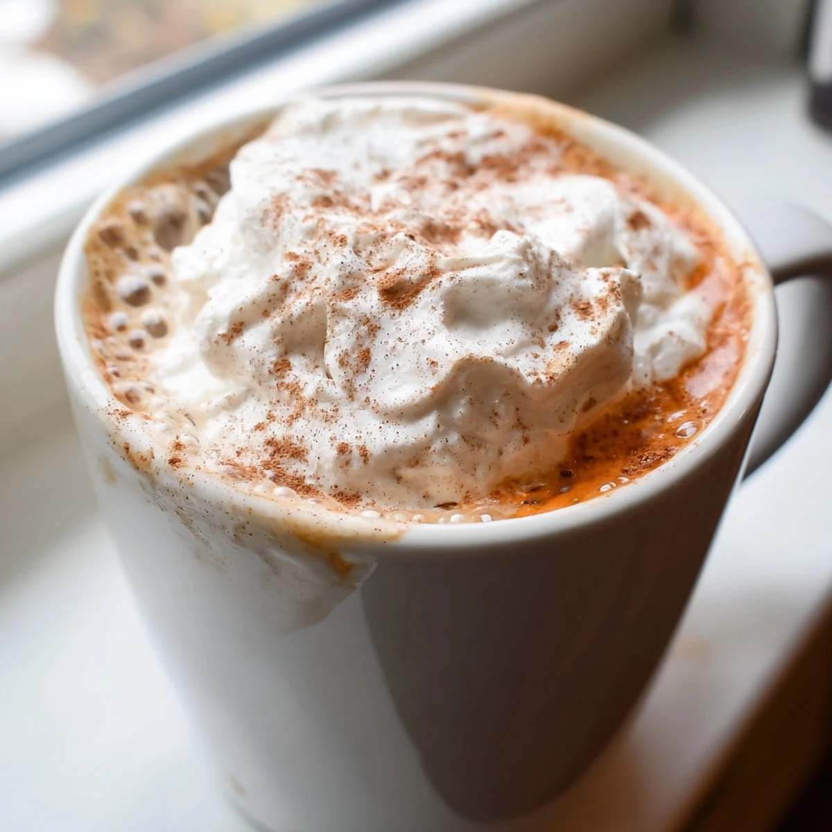 Rich homemade pumpkin spice latte garnished with whipped topping and a sprinkle of warm spices