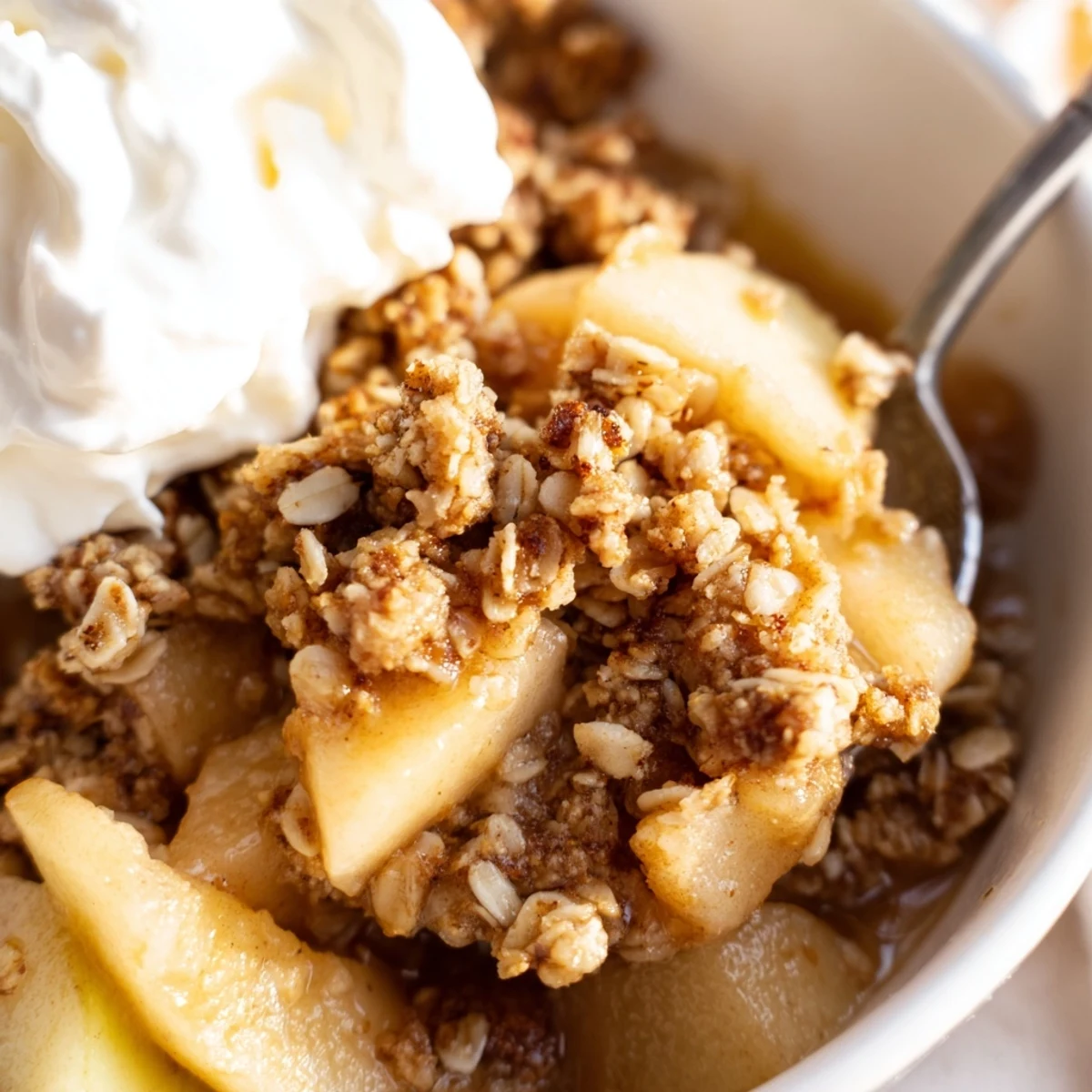 Warm crockpot apple crisp with golden oat topping served in a rustic dish