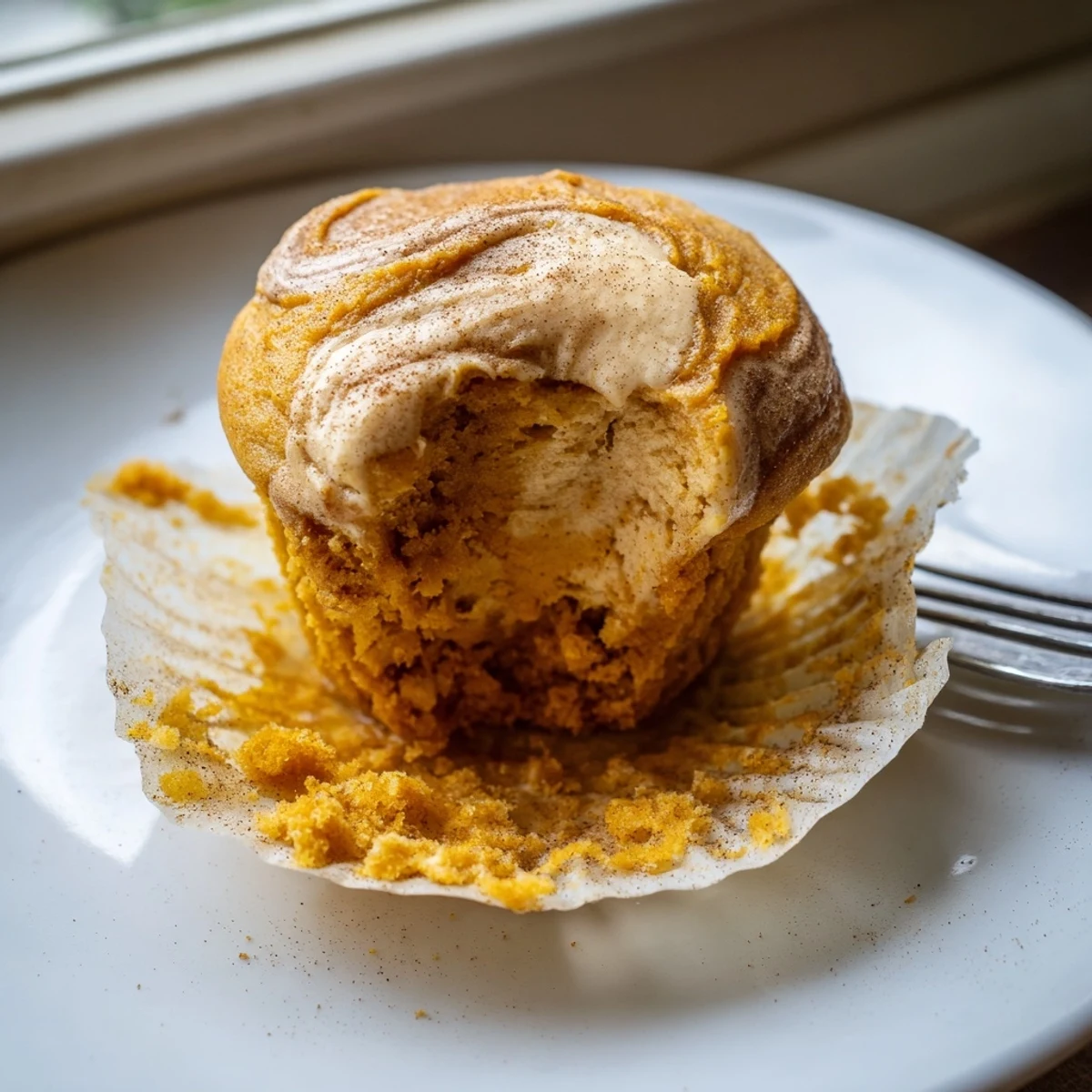 Golden chai pumpkin cheesecake muffins with swirled spiced cream cheese filling on rustic parchment paper