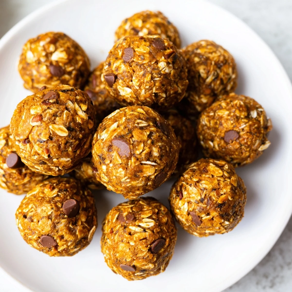 Chewy no bake pumpkin protein balls coated in oats on a rustic wooden board