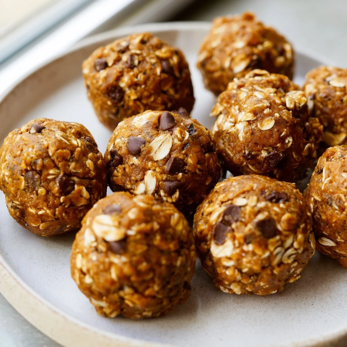 Golden no bake pumpkin protein balls arranged in a bowl with warm cinnamon spices
