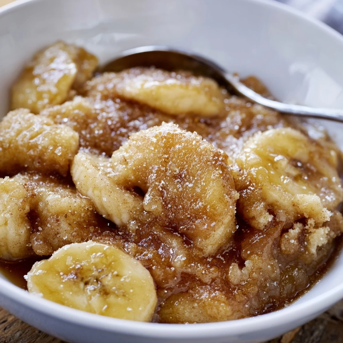 Golden Southern banana cobbler bubbling with warm cinnamon-spiced fruit under buttery topping