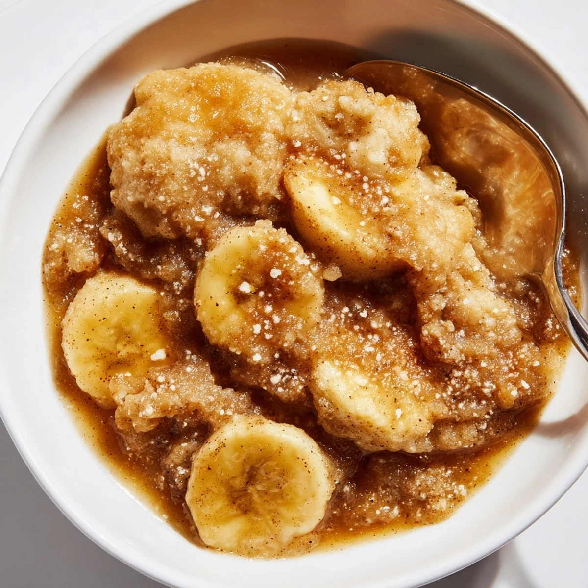 Warm Southern banana cobbler served in a dish with a scoop of vanilla ice cream