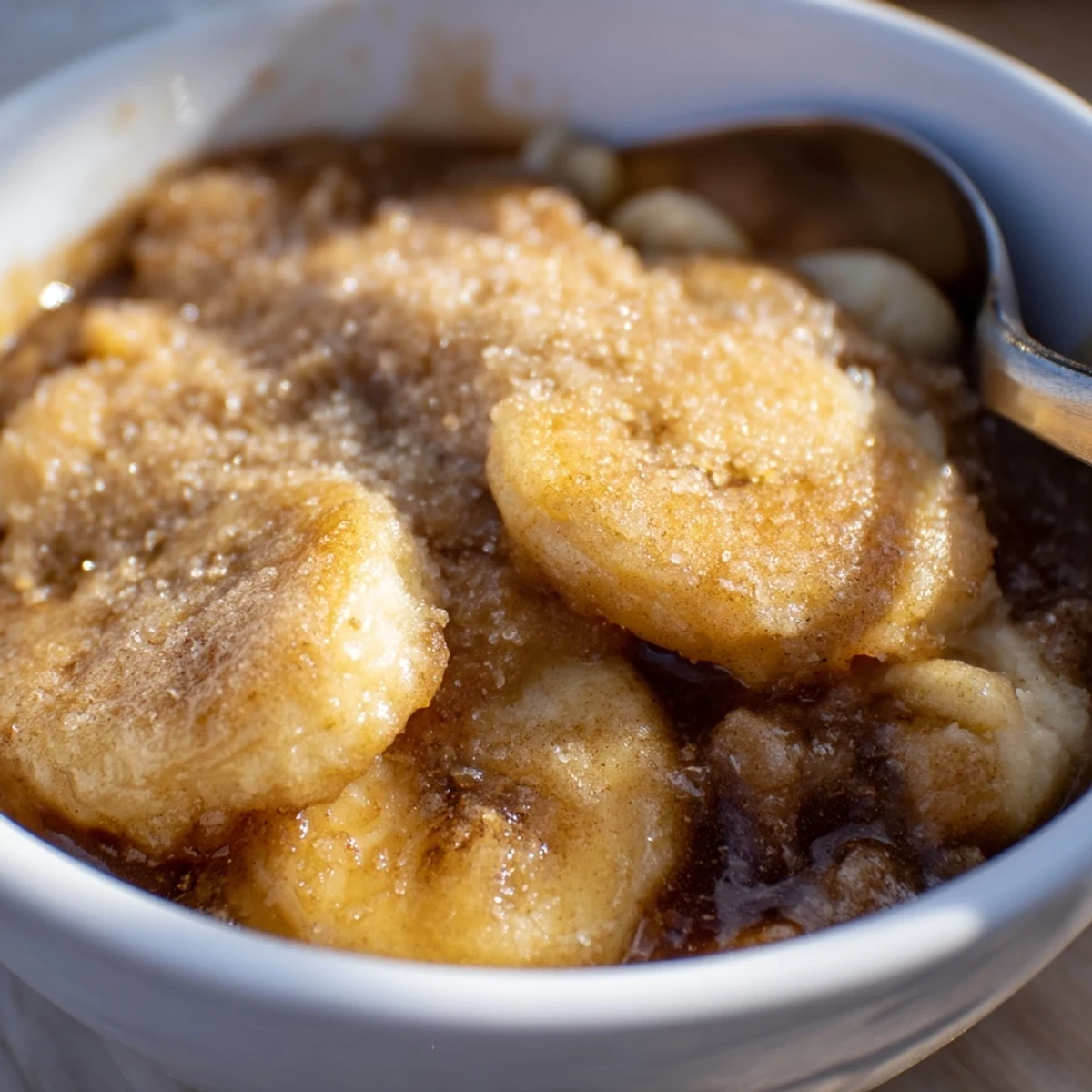 Southern banana cobbler fresh from the oven with a golden crunchy sugar crust