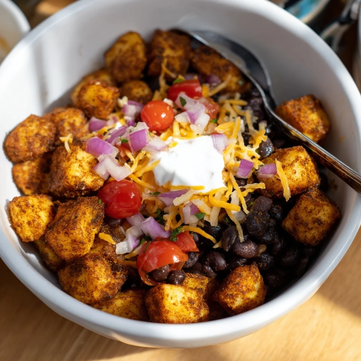 Crispy potato bowl mounded with fresh avocado, cheese, and Tex-Mex toppings