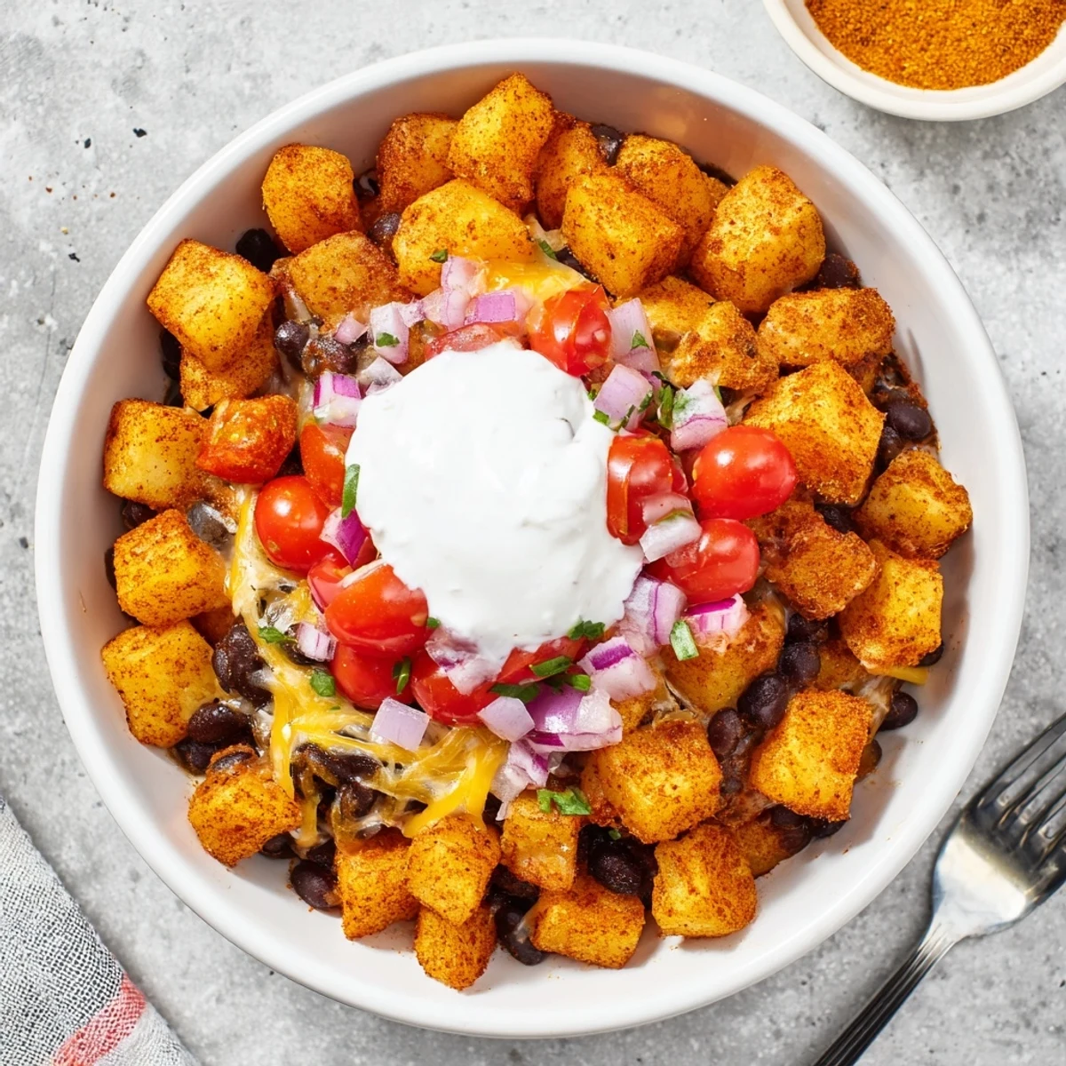 Golden roasted potatoes topped with zesty beans in loaded fiesta potato bowls