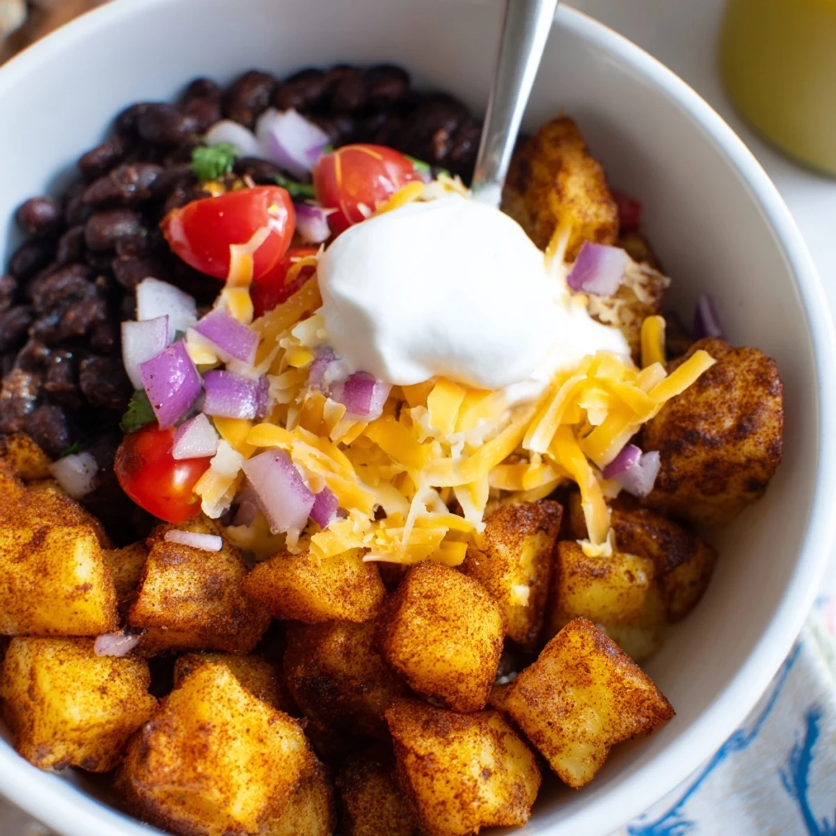 Steamy loaded fiesta potato bowls drizzled with sour cream and bright lime