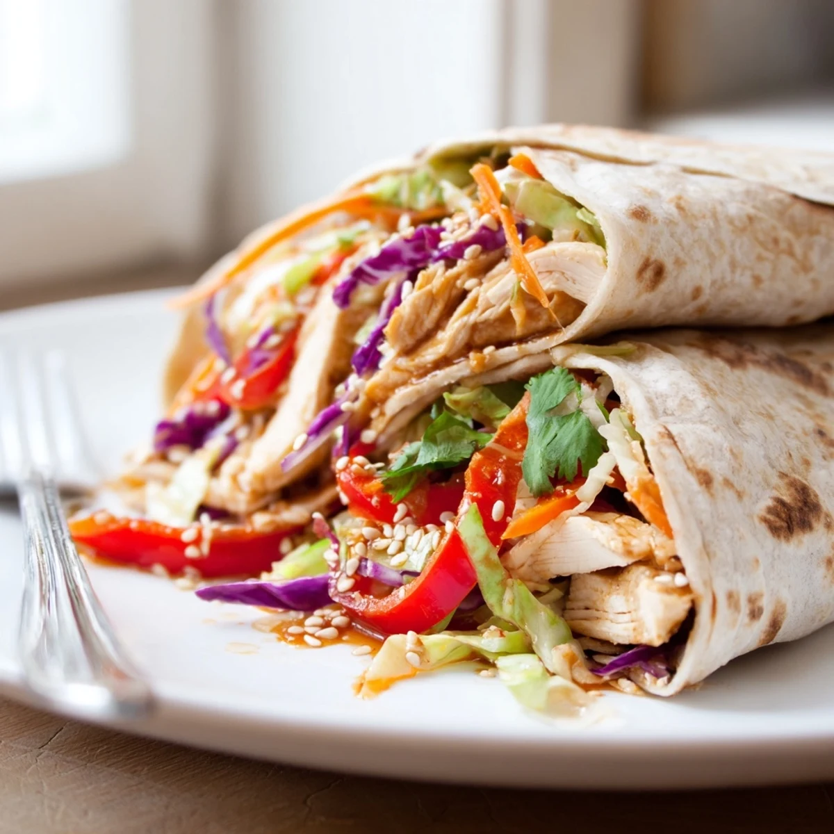 Juicy sliced chicken nestled in Thai chicken wraps with crunchy Asian slaw