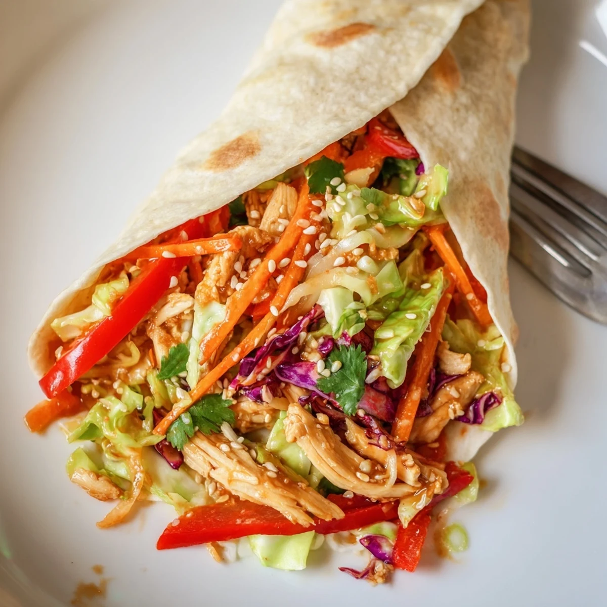 Thai chicken wraps with crunchy Asian slaw sprinkled with sesame seeds and cilantro