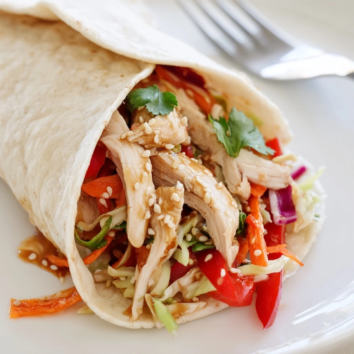 Thai chicken wraps with crunchy Asian slaw rolled in warm flour tortillas