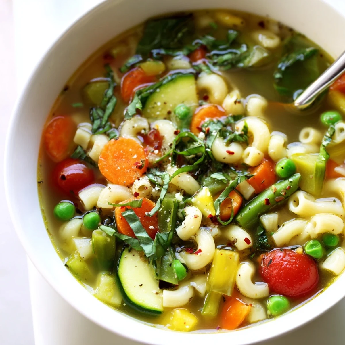 Spring Minestrone Soup Recipe steaming in bowl with vibrant vegetables, basil.
