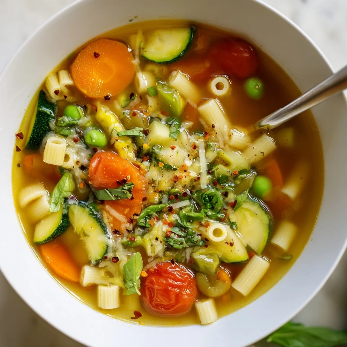 Spring Minestrone Soup Recipe served with crusty bread, fresh herbs, warm aroma.