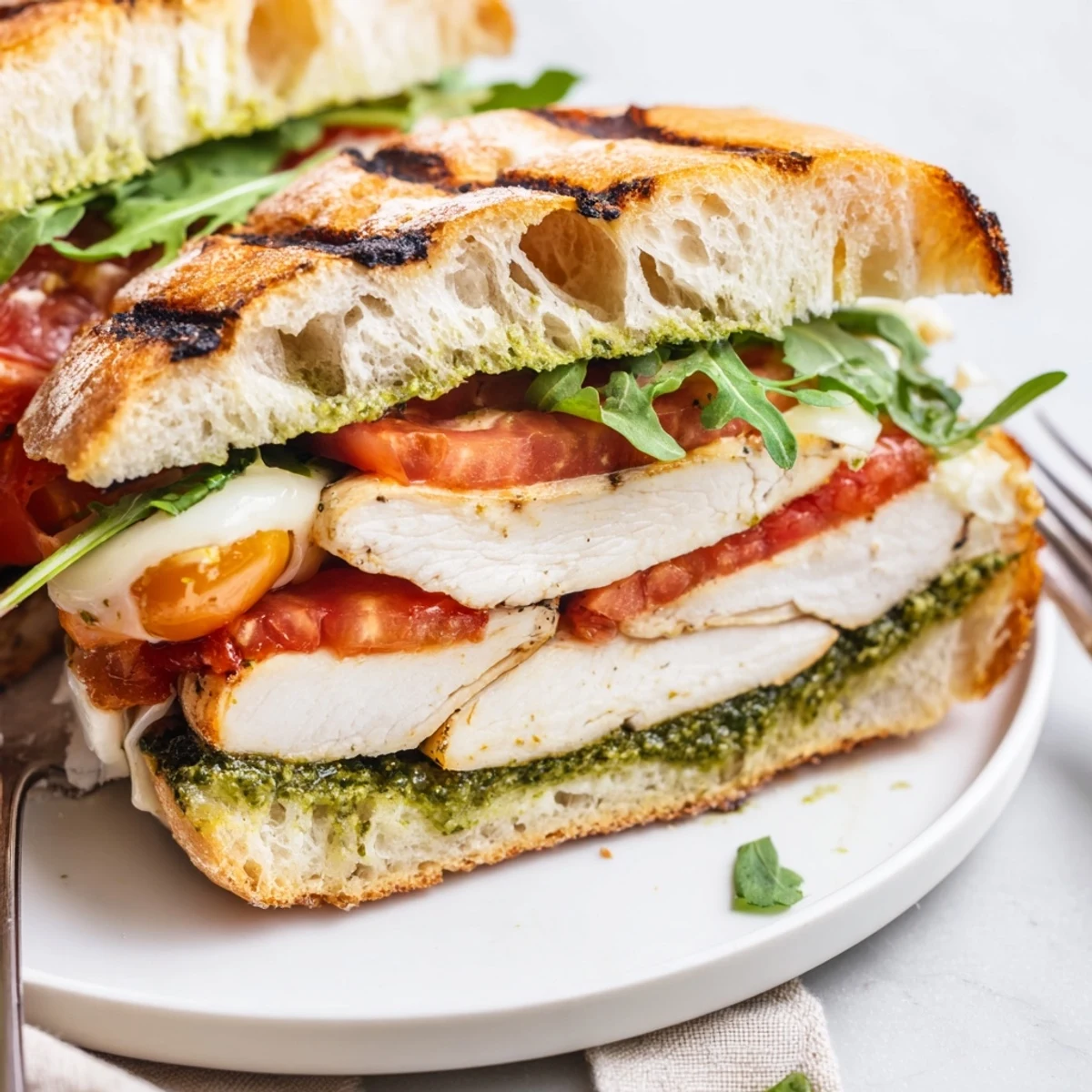 Warm Chicken Pesto Sandwich Recipe with grilled chicken, melty mozzarella, basil aroma, ciabatta