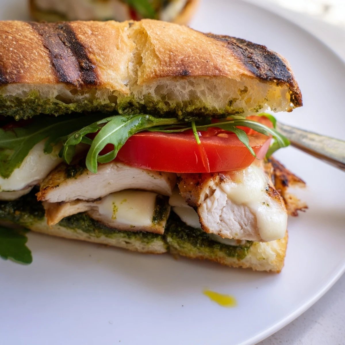 Crisp toasted ciabatta holds Chicken Pesto Sandwich Recipe layered with juicy tomato and arugula