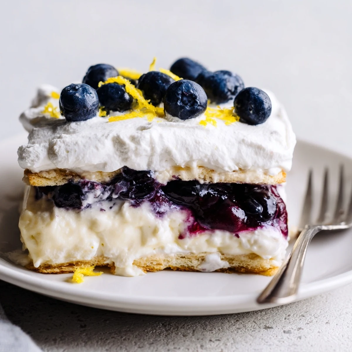 Chilled Lemon Blueberry Lasagna Recipe topped with whipped cream, bright lemon zest