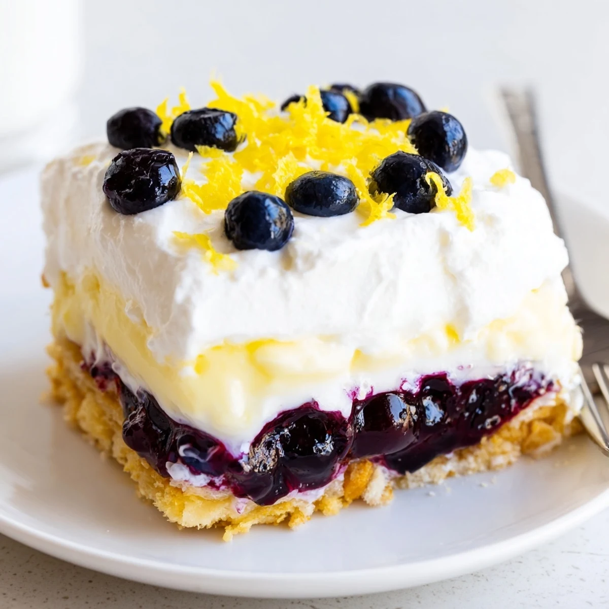 Summer-ready Lemon Blueberry Lasagna Recipe on a plate, buttery crust visible