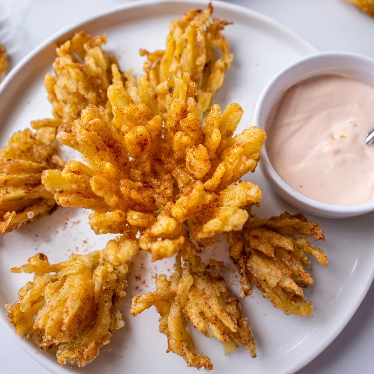 Crispy Mini Bloomin Onions Recipe on platter, golden petals, steam rising