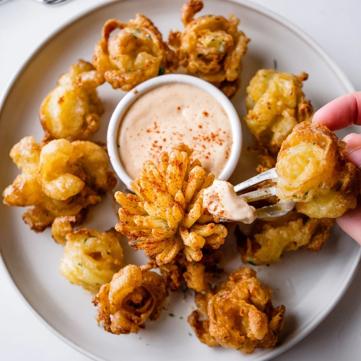 Handheld Crispy Mini Bloomin Onions Recipe garnished with parsley, perfect for sharing