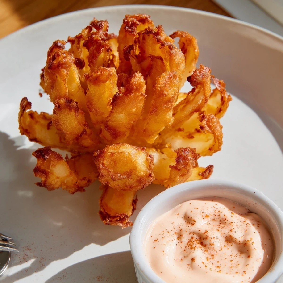 Warm Crispy Mini Bloomin Onions Recipe with smoky dipping sauce, crunchy bite