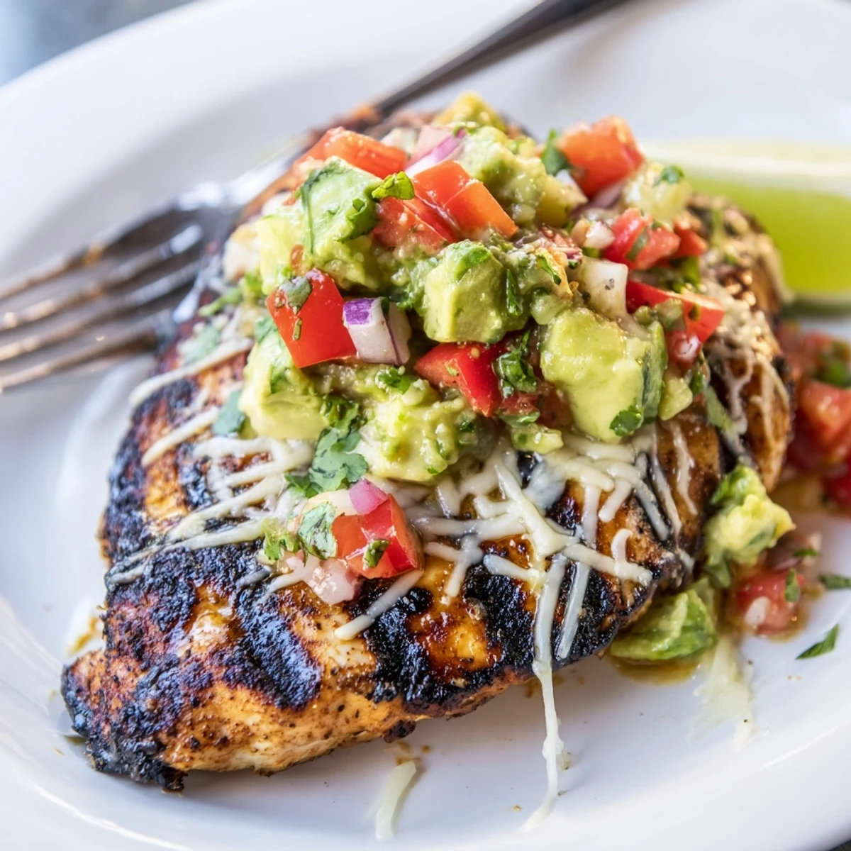 Fiesta Lime Chicken With Avocado sizzling on skillet, topped with creamy avocado salsa