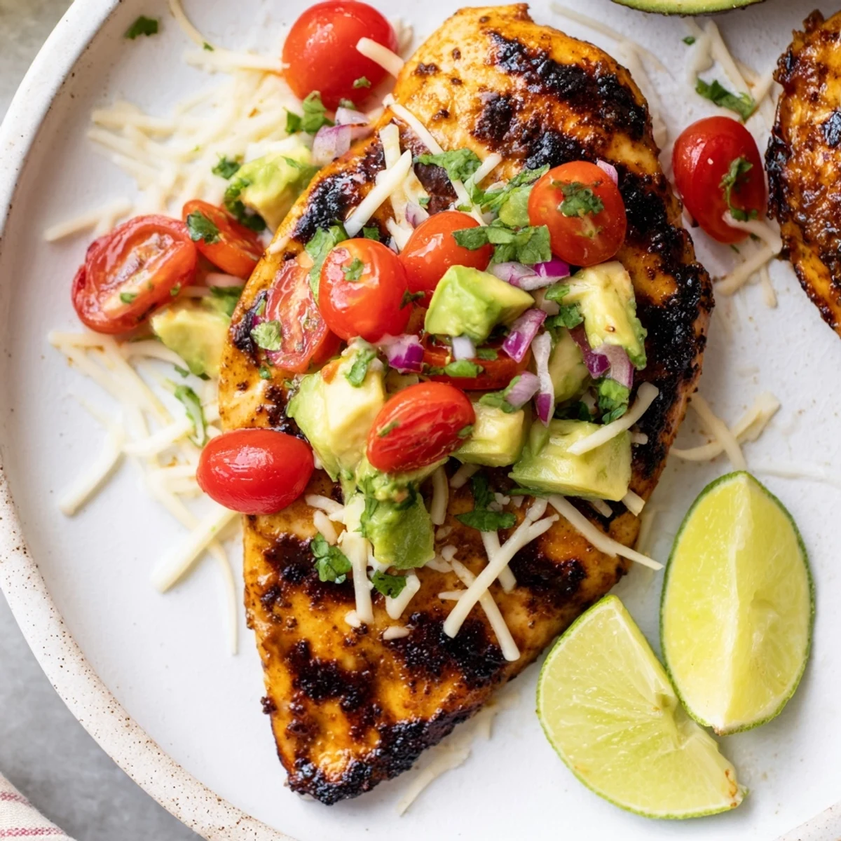 Grilled Fiesta Lime Chicken With Avocado plated with lime wedges and cilantro