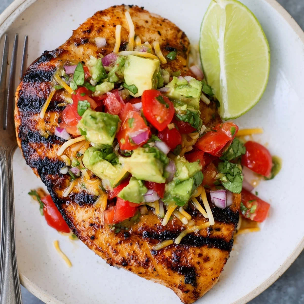 Bright Fiesta Lime Chicken With Avocado resting under melted cheese and chunky salsa