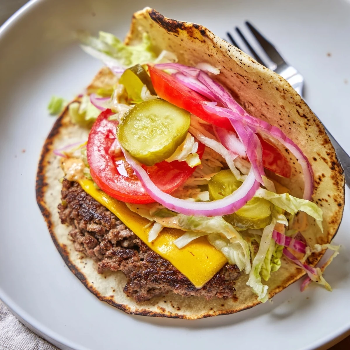 Crispy, cheddar topped Smash Burger Tacos resting on warm toasted tortillas