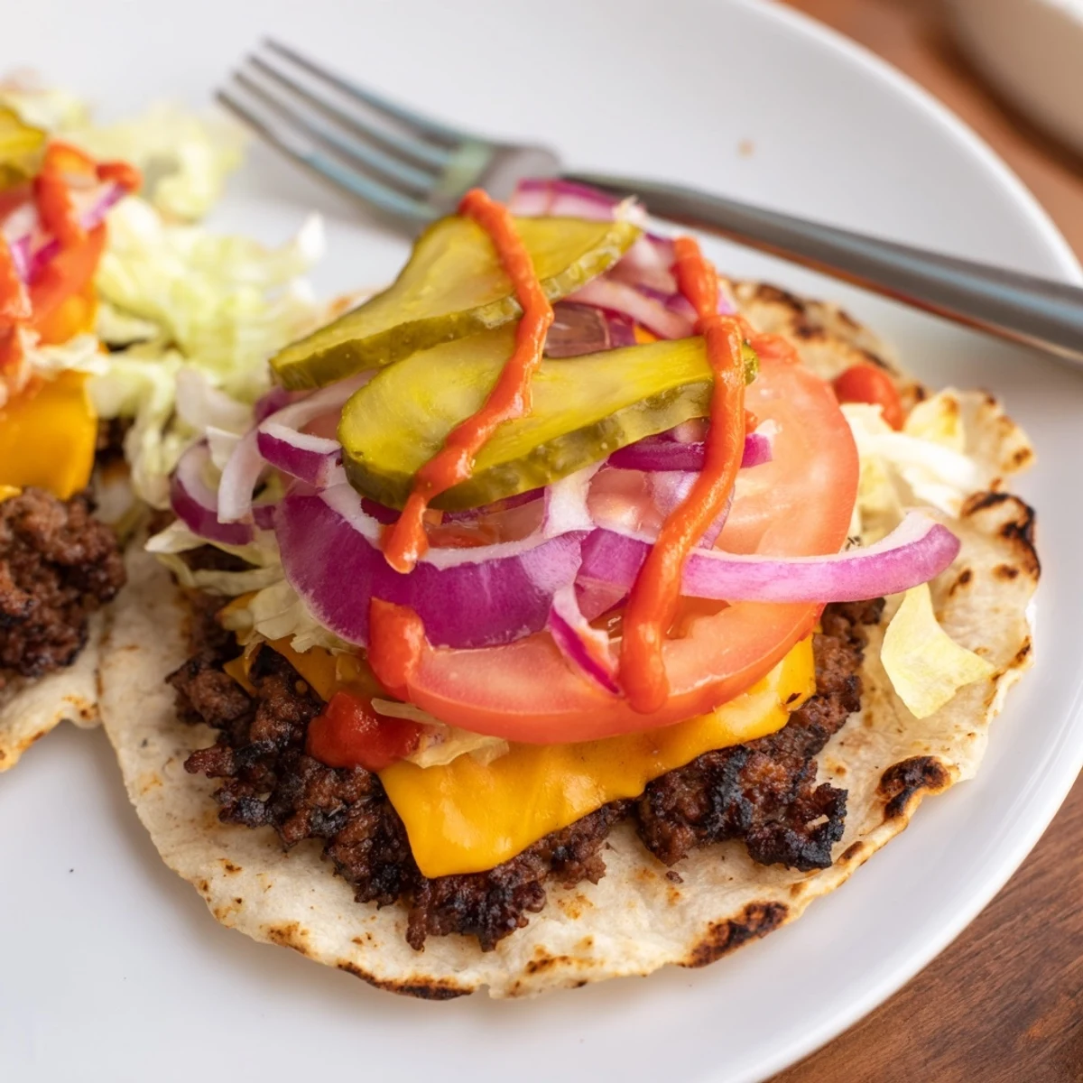 Smash Burger Tacos folded with crunchy lettuce, pickles, and burger sauce