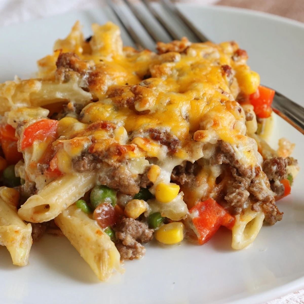 Hearty Cheesy Baked Casserole bubbling with golden cheese, steaming from oven