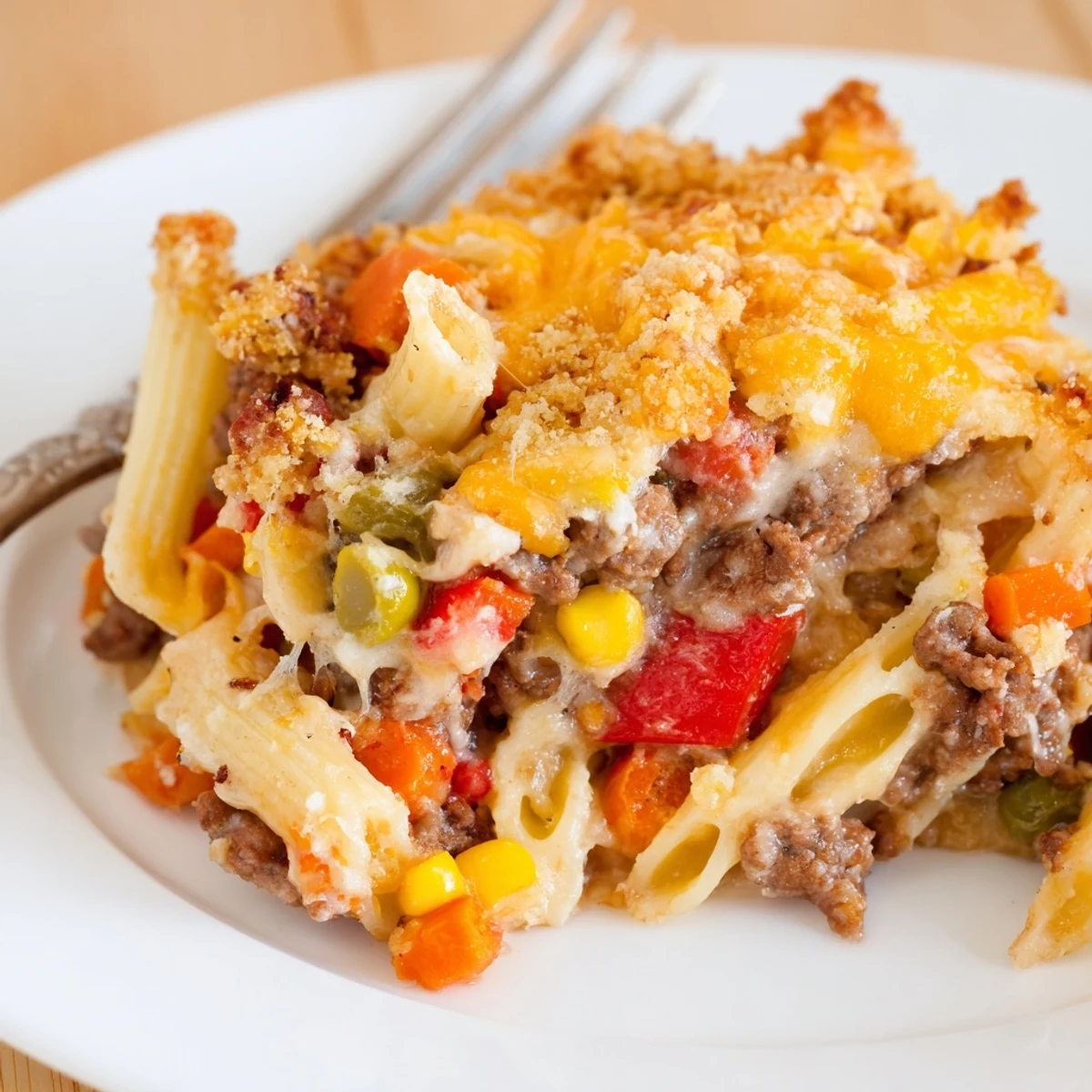 Warm Hearty Cheesy Baked Casserole spooned onto plates, paired with salad