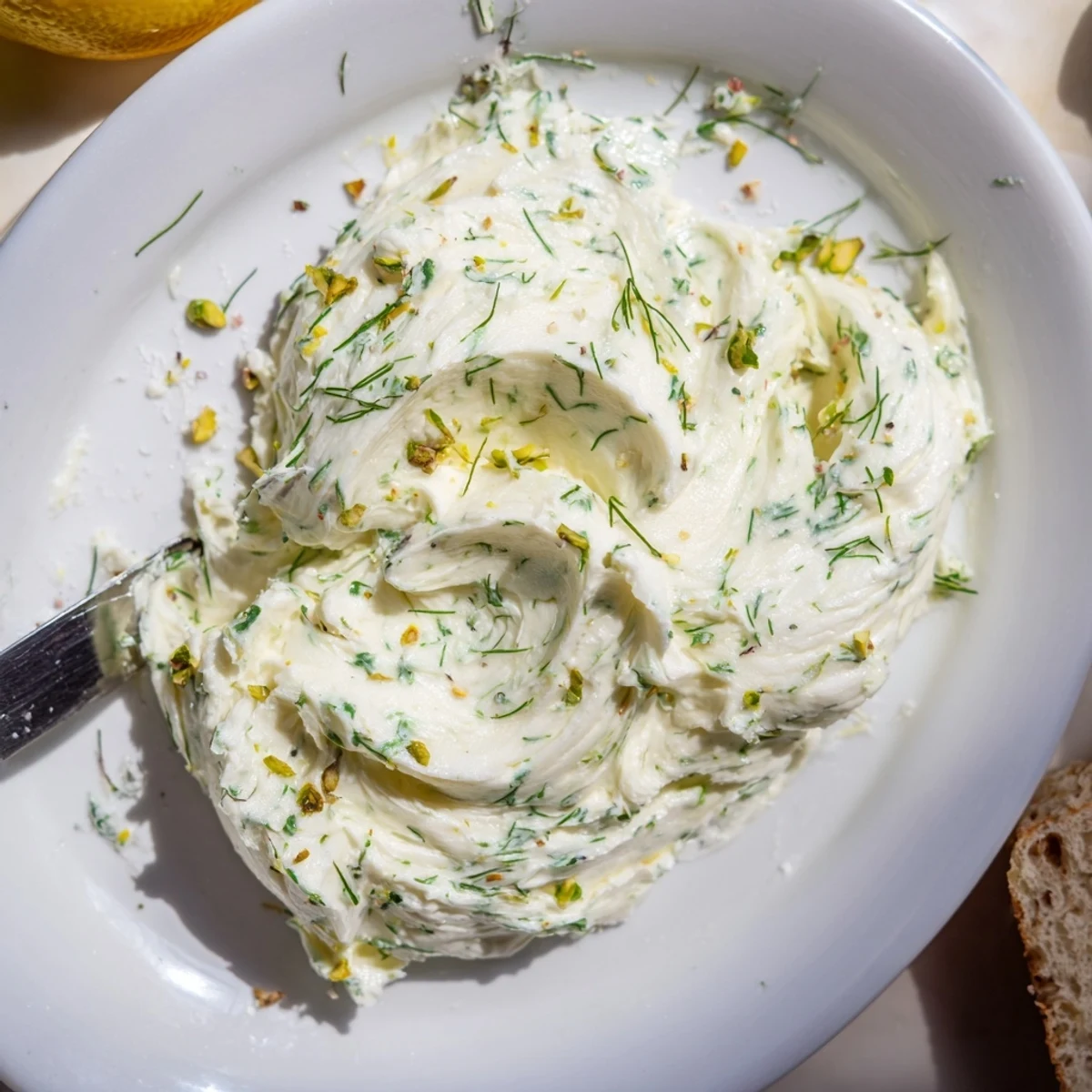Close-up of Rustic Creamy Herb Infused Butter Board garnished with pistachios, flowers