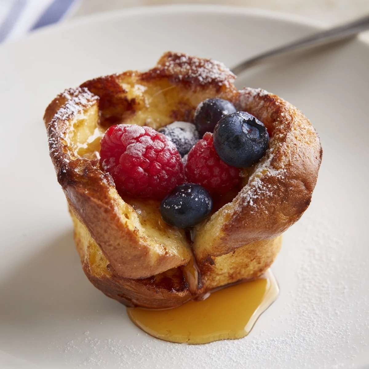 Individual Baked French Toast Cups topped with fresh berries and maple syrup