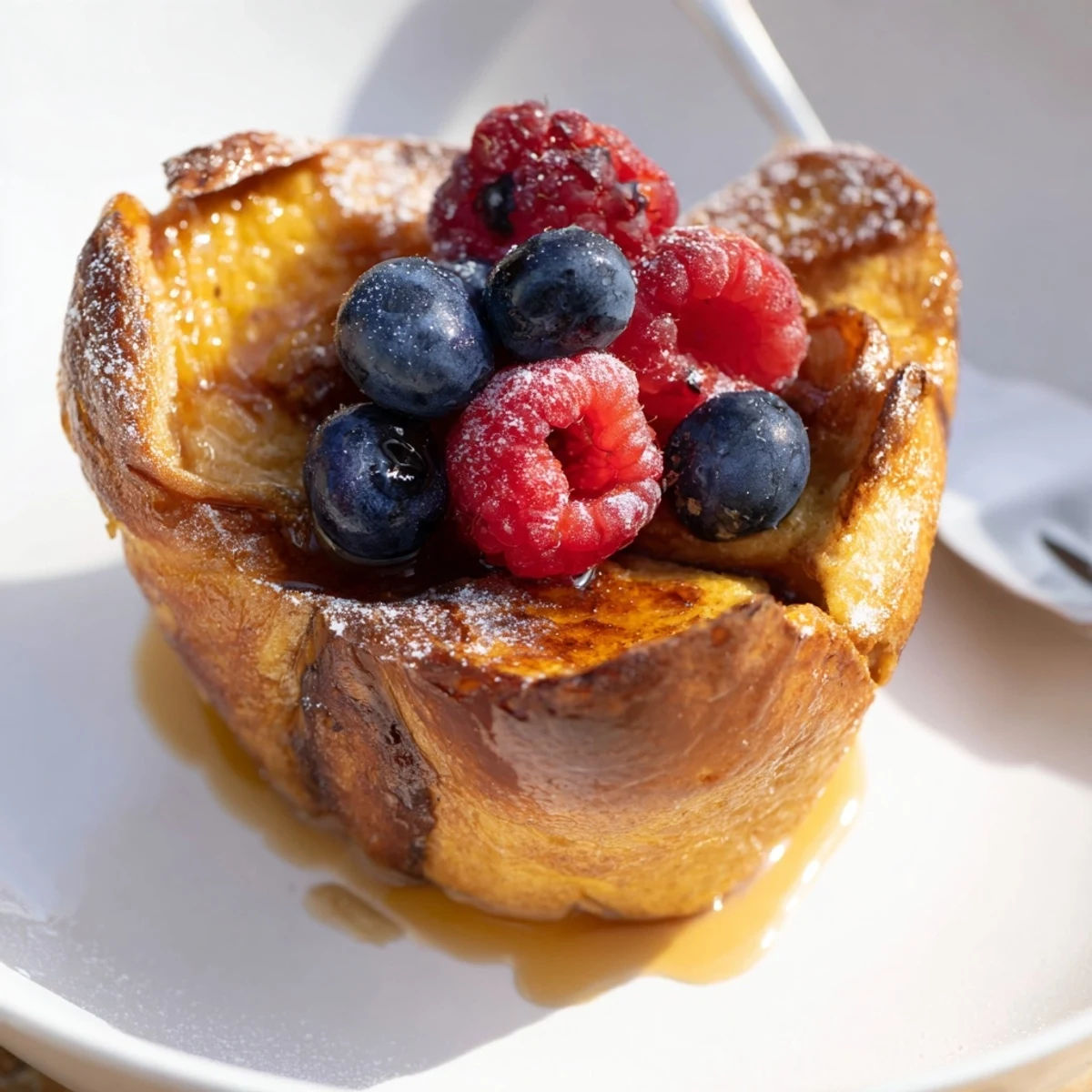 Warm Baked French Toast Cups, golden-crisp edges and fluffy custard centers