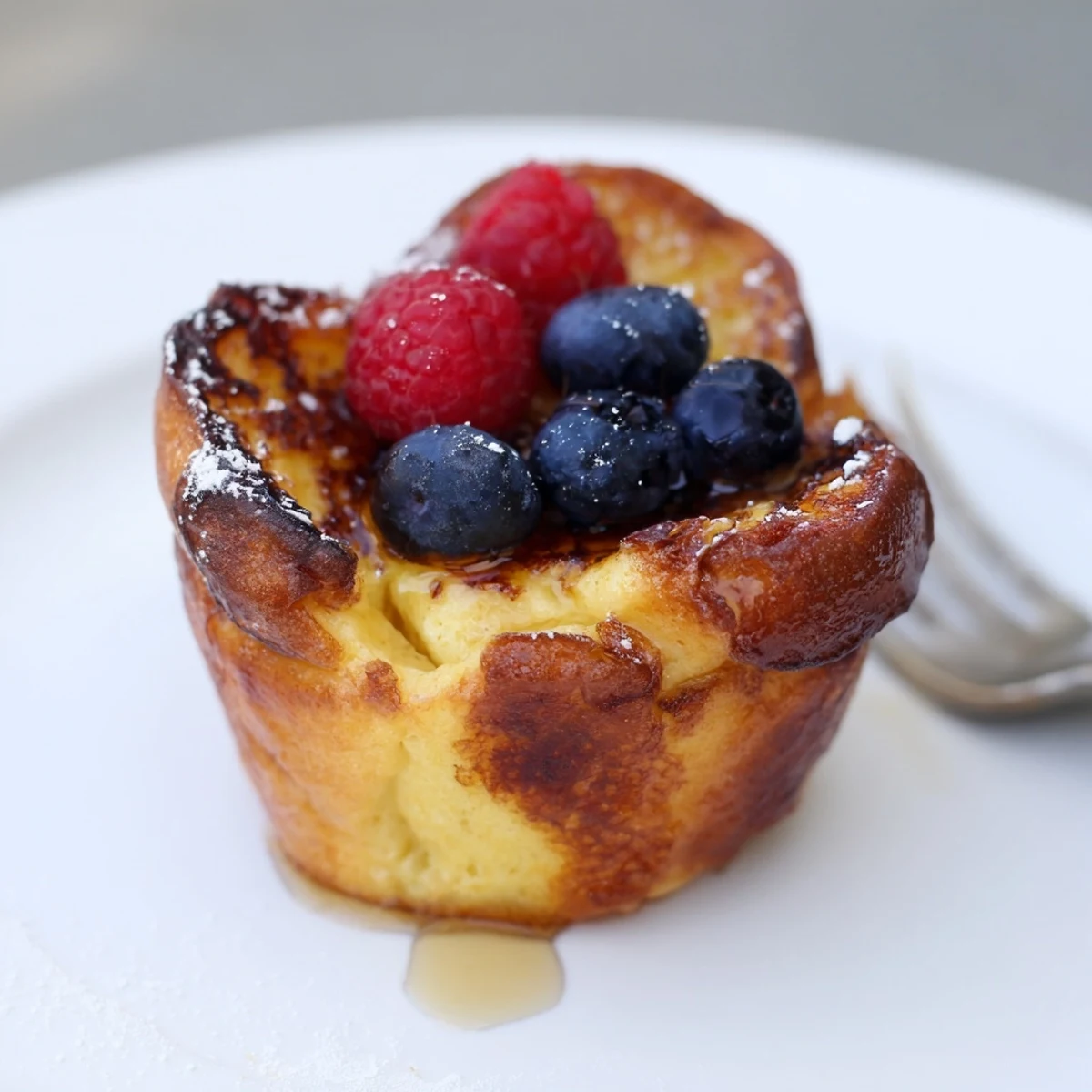 Baked French Toast Cups cooling in muffin tin, dusted with powdered sugar