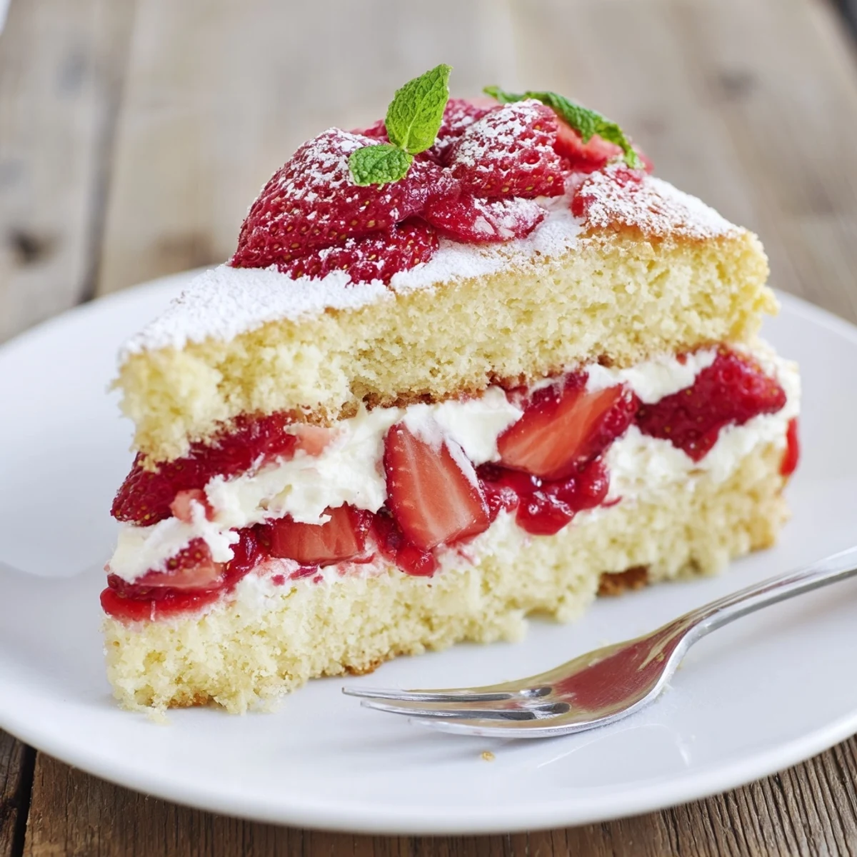 Light, airy Strawberries And Cream Sponge Cake topped with whipped cream, juicy strawberries.