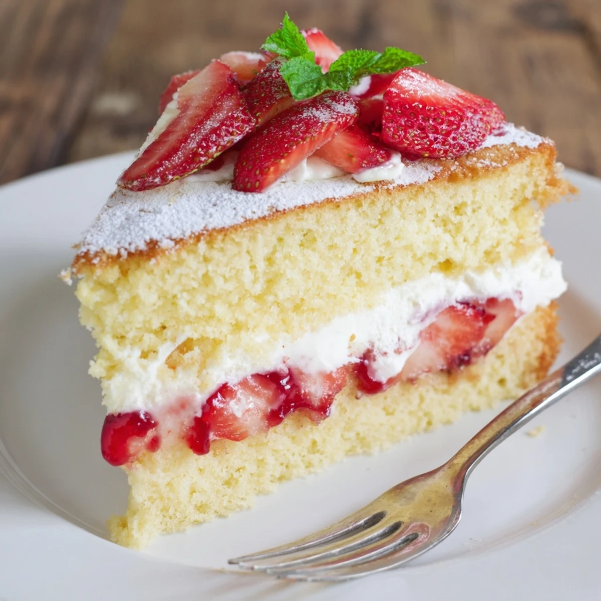 Freshly assembled Strawberries And Cream Sponge Cake with pillowy sponge and berry aroma.