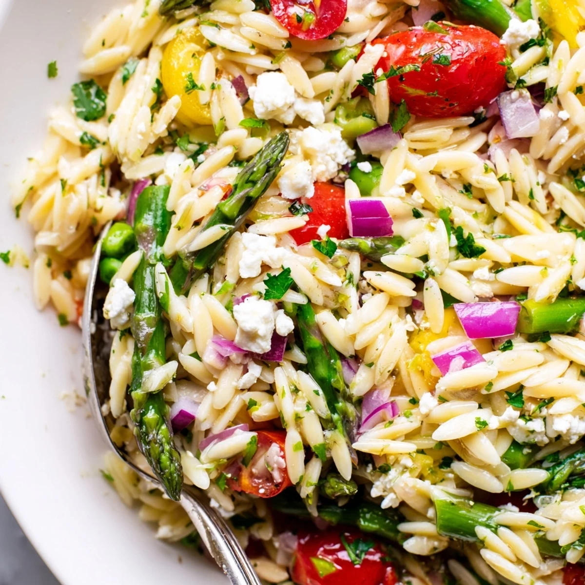 Asparagus Orzo Salad With Lemon Vinaigrette served warm or chilled for spring picnics