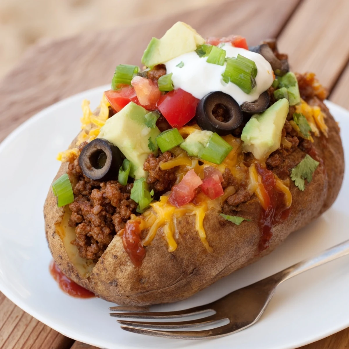 Hearty Taco Loaded Baked Potatoes served hot with creamy avocado and sour cream