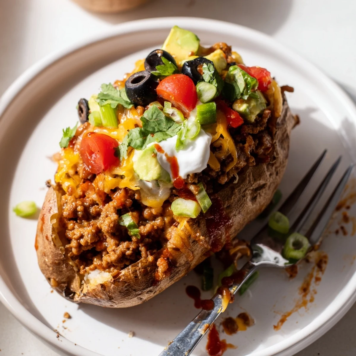 Taco Loaded Baked Potatoes with crispy skins, melty cheese, and zesty taco meat