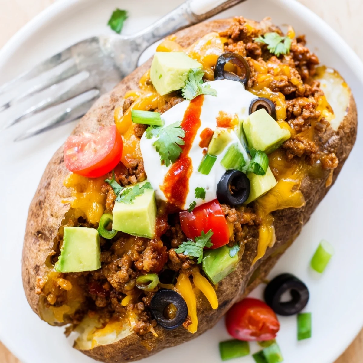 Oven-baked Taco Loaded Baked Potatoes topped with diced tomatoes, olives, and cilantro