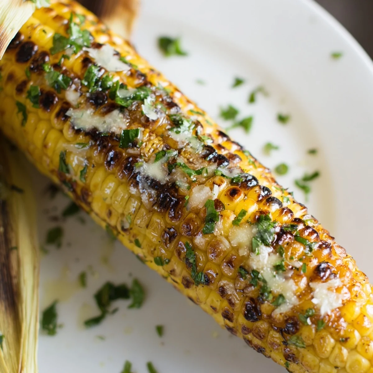 Grilled Garlic Parmesan Corn On The Cob glistening with melted garlic butter