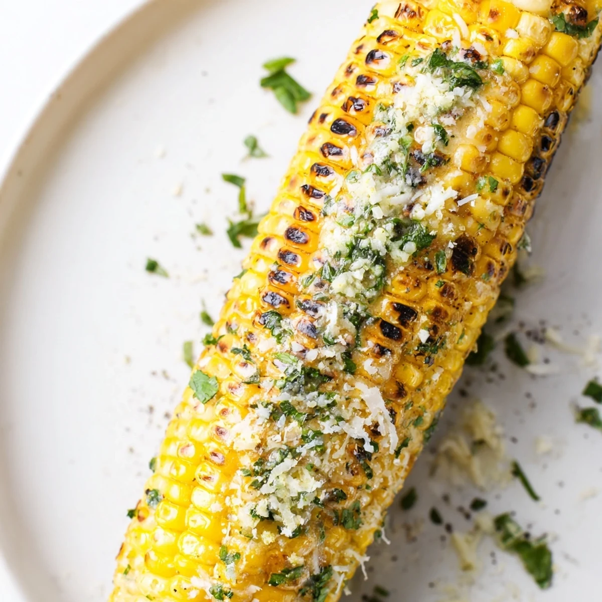 Sizzling Garlic Parmesan Corn On The Cob served with lemon wedge and parsley