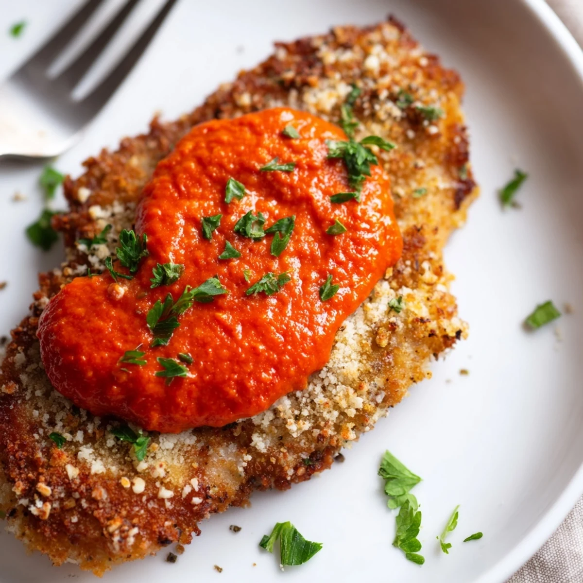 Parmesan Roasted Red Pepper Chicken resting on a bed of roasted vegetables