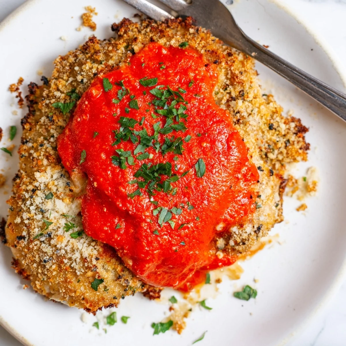 Sliced Parmesan Roasted Red Pepper Chicken served with pasta and lemon wedge