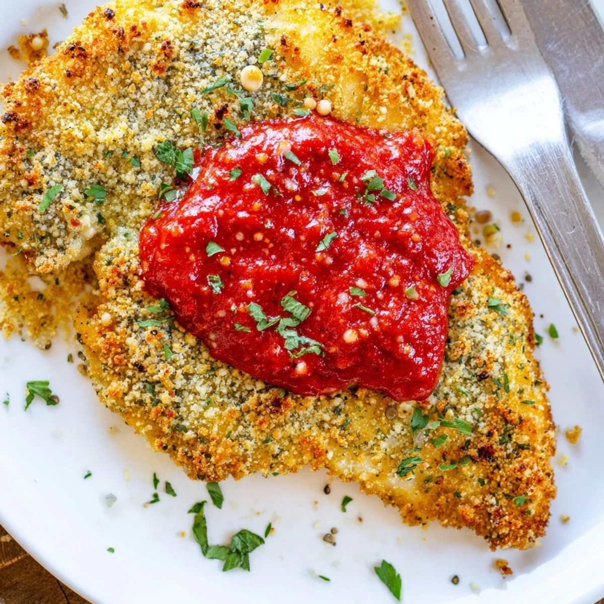 Parmesan Roasted Red Pepper Chicken topped with smoky sauce and warm crust