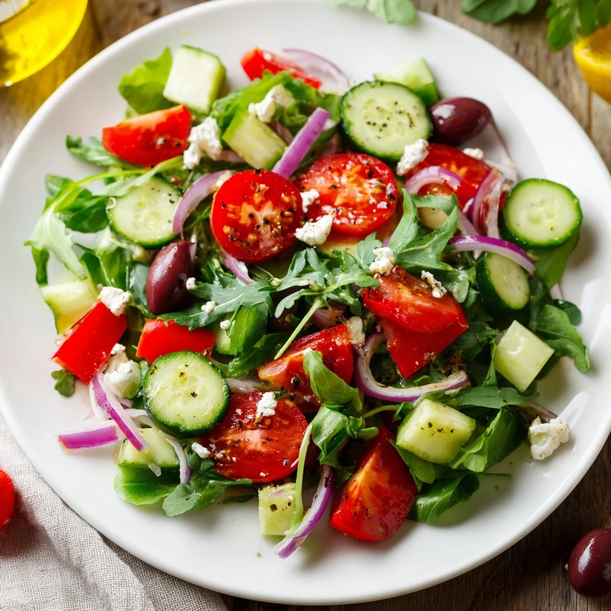 Fresh Salad Recipe with crisp greens, juicy tomatoes, and zesty lemon dressing.