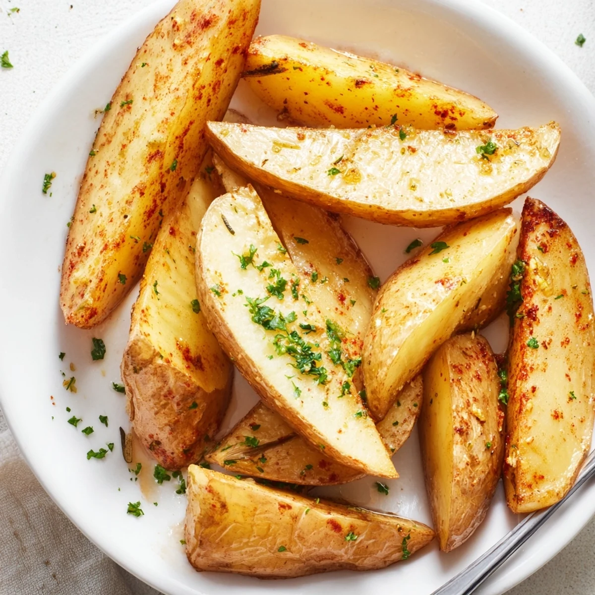 Crispy-skinned Potato Wedges on parchment, sprinkled parsley, ideal with ketchup